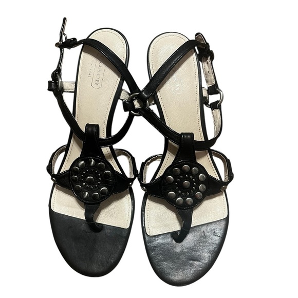 Coach Harper black leather sling back wedge sandals with silver hardware - Picture 3 of 12